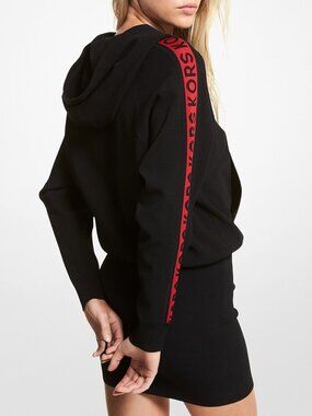 Michael Kors Logo Tape Hoodie Mini Dress Stretch Black Sporty Chic